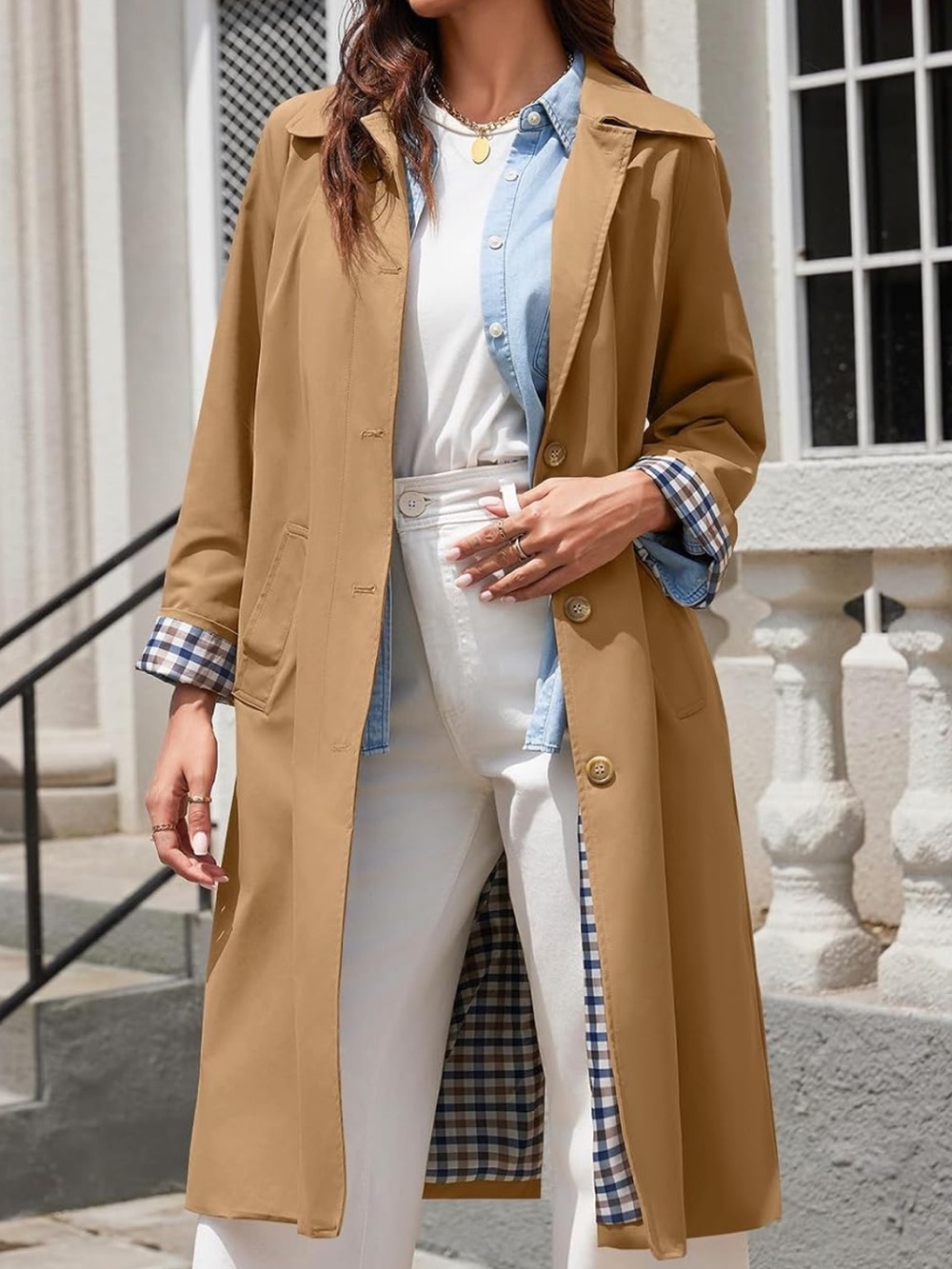 Women's Tan Trench Coat with Plaid Lining - Timeless Lightweight Outerwear